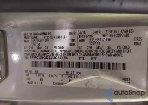 2018 Ford Escape Se from USA, damaged, VIN 1FMCU9GD2JUC37156